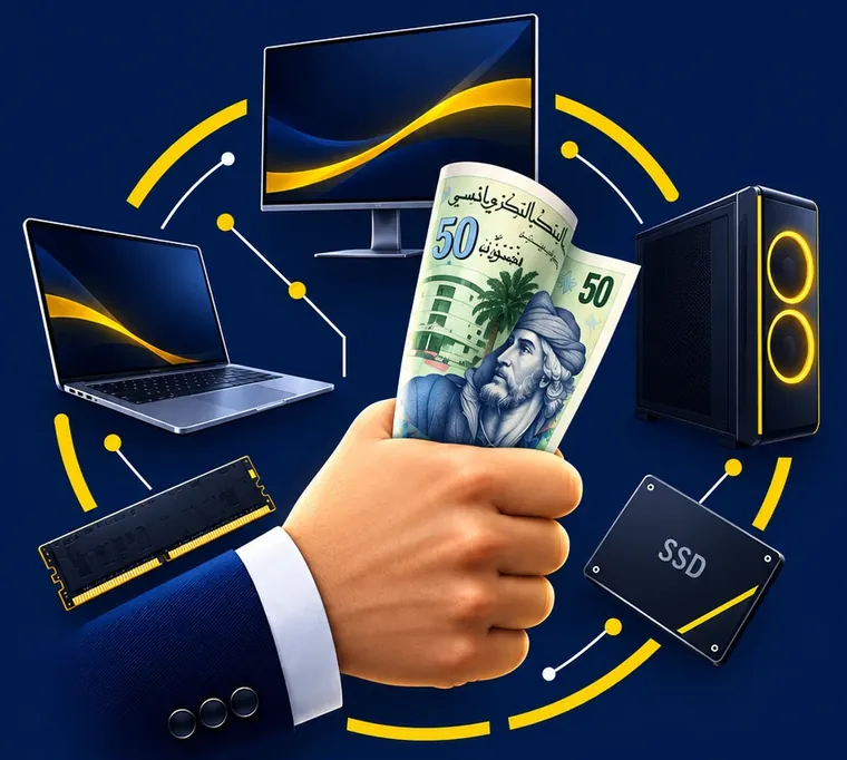 Une main tient des billets de 50 dinars, entourée d'un PC portable, d'un écran, d'une tour, de barrettes de RAM et d'un SSD